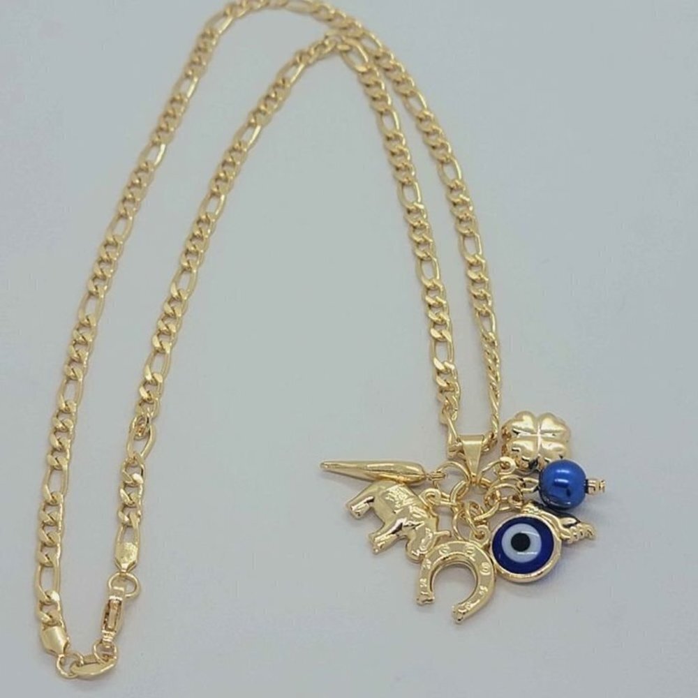 Brand New Brazilian 18k Gold Filled Blue Evil Eye w/ Lucky Charms Necklace - Picture 3 of 8
